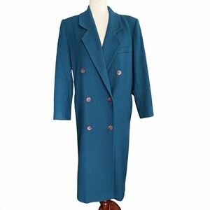 Vintage Career Classic Wool Long Coat Teal Blue Lined Pockets Double Breasted
